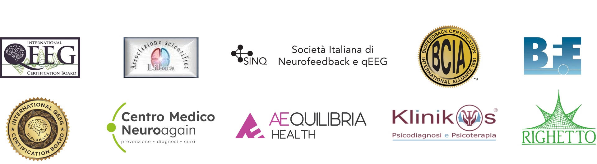 Loghi dei partners: International qEEG Certification Board, Associazione scientifica Libra, SINQ, BFE, IQCB Diplomate, BCIA, Aequilibria Health, Klinikos, Righetto